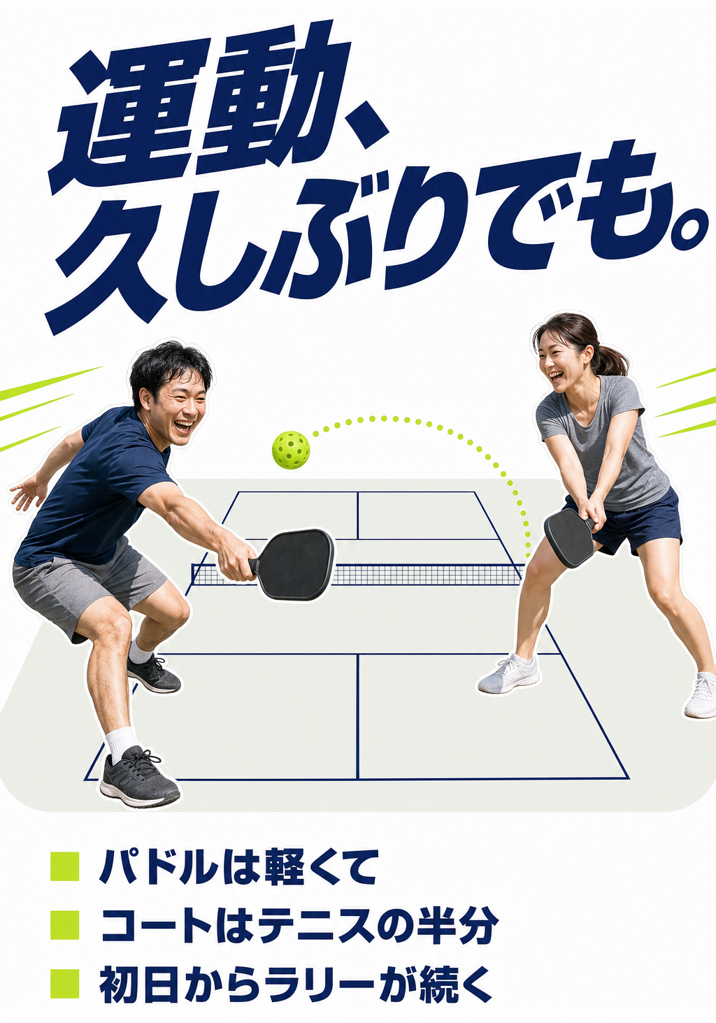 共感: 運動、久しぶりでも。パドルは軽くてコートはテニスの半分